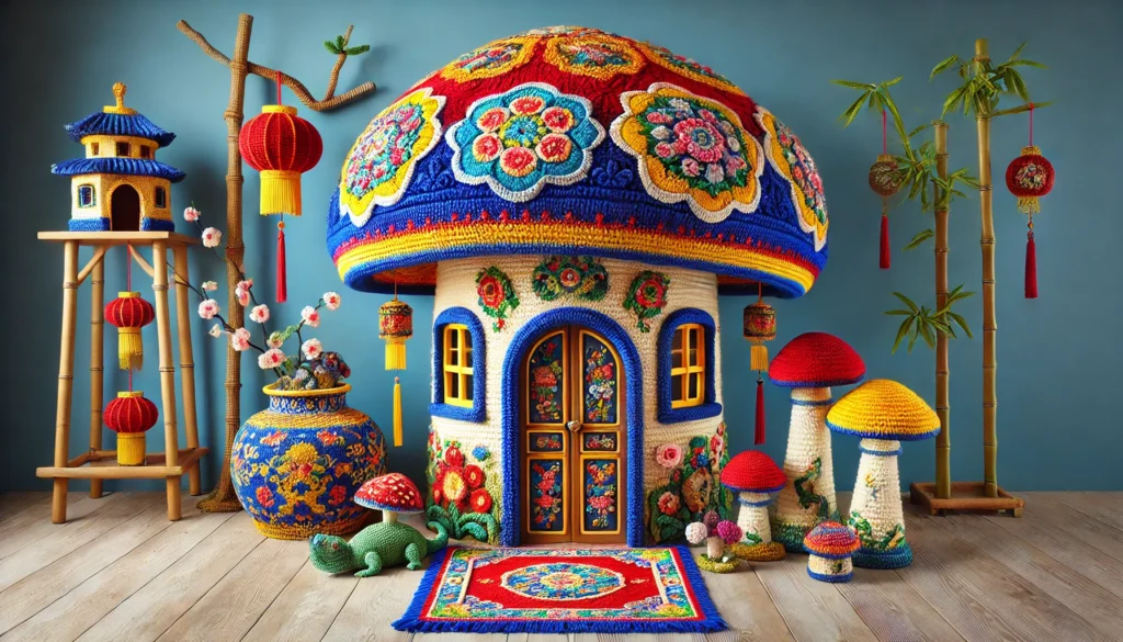 A crochet mushroom house in a Chinoiserie style, featuring bright bold colors like royal blue, gold, and crimson red. The mushroom cap is adorned with