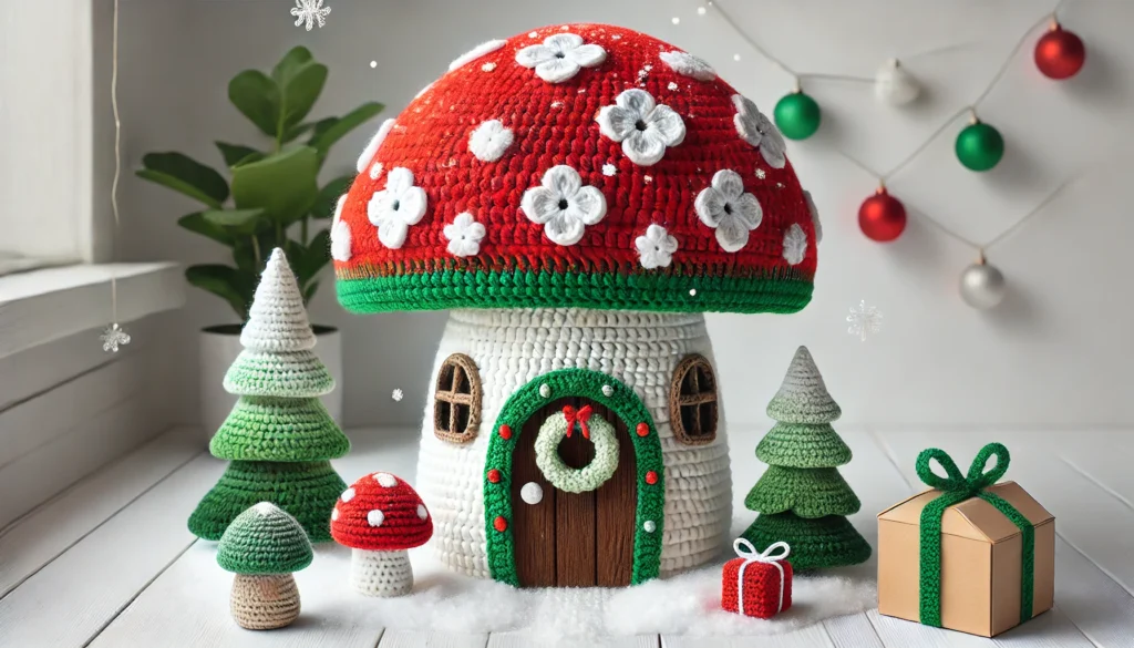 A crochet mushroom house in a Christmas minimalist style, featuring bright bold colors like red, white, and green. The mushroom cap is simple with a c