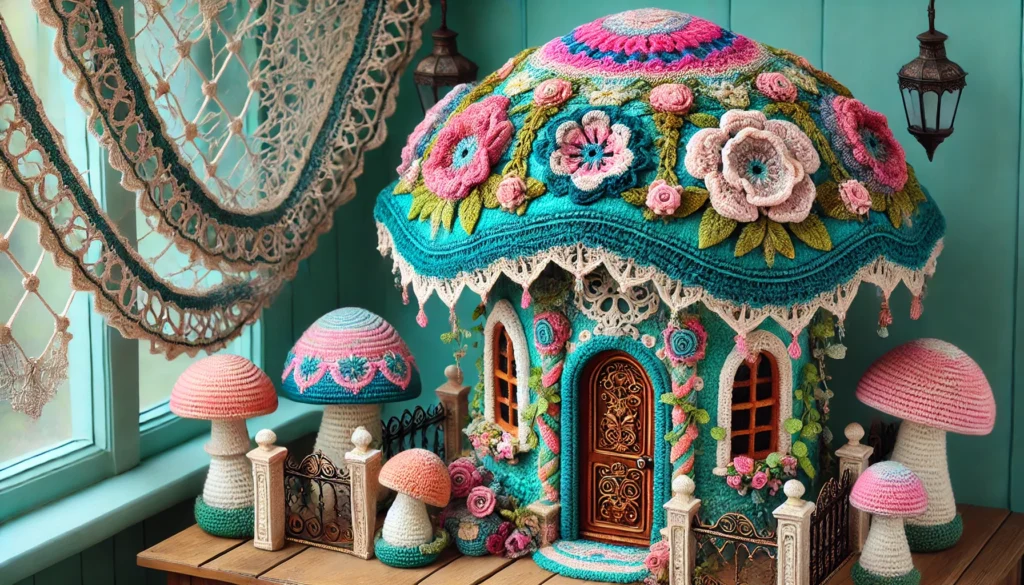 A crochet mushroom house in a Regency style, featuring bright bold colors like deep teal, blush pink, and gold. The mushroom cap is adorned with elega