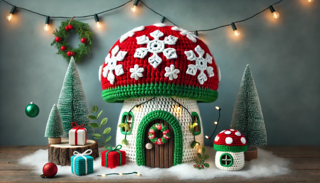 Crochet mushroom house with a red cap and large white snowflakes, surrounded by Christmas trees, presents, lights, and a matching mini house on a snowy wooden floor.