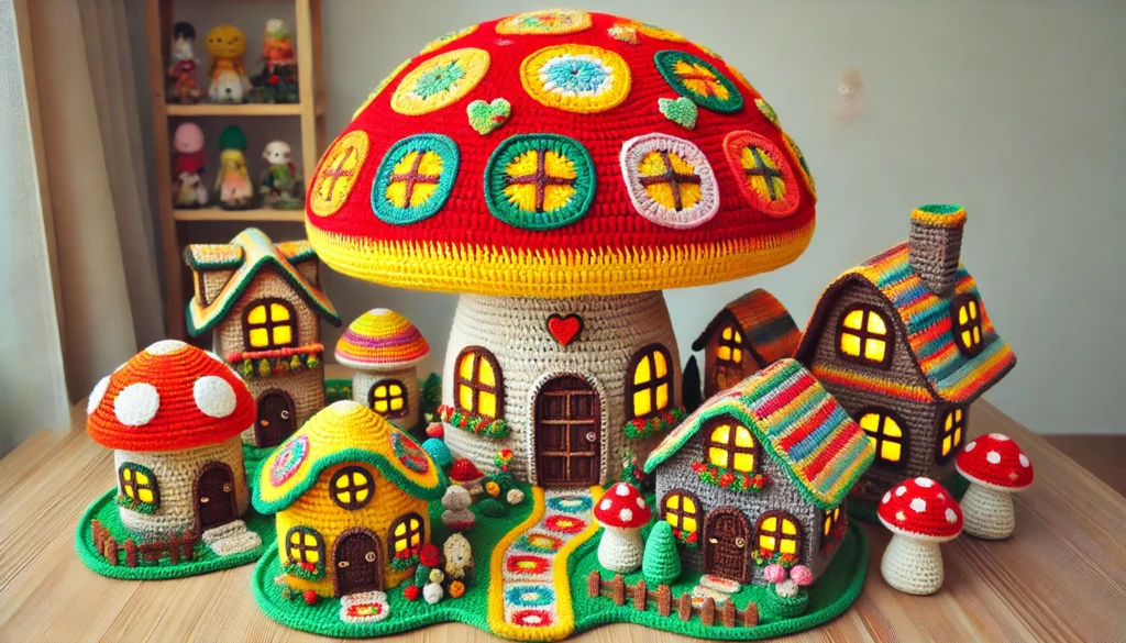 A crochet mushroom house in a village set style, featuring bright bold colors like red, yellow, and green. The mushroom cap is adorned with crochet wi