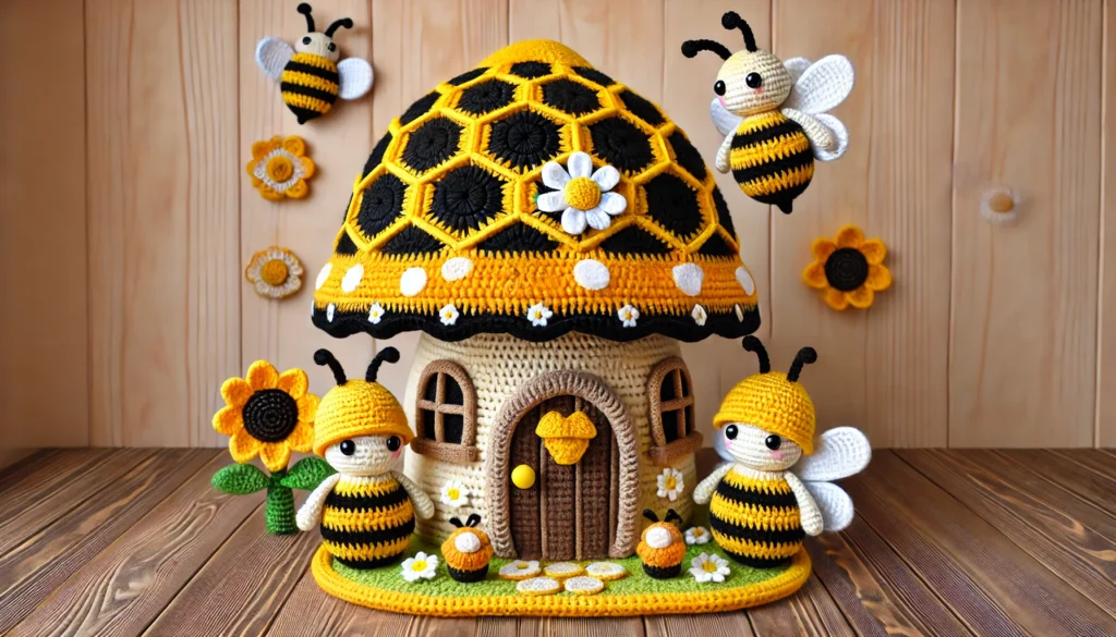 A super cute crochet mushroom house in a Bee-Themed style, featuring bright bold colors like honey yellow, black, and white. The mushroom cap is desig