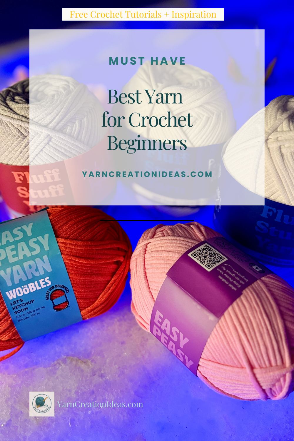 Flat lay of pastel acrylic yarn balls in a neutral setting for beginner crochet tutorials.