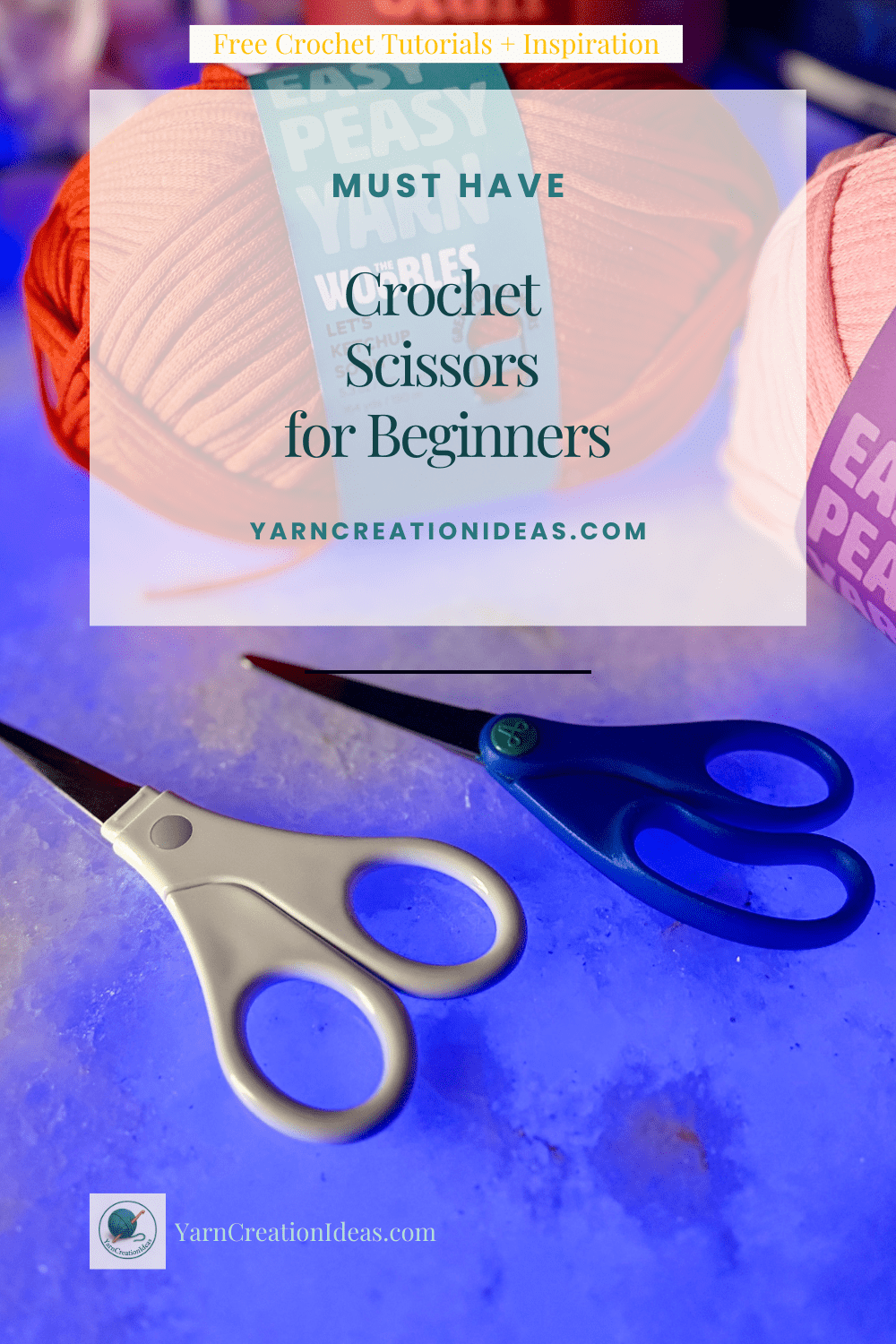 Flat lay of beginner crochet scissors (Cricut brand) and Easy Peasy yarn on a bright blue surface, styled for a crochet tools tutorial.