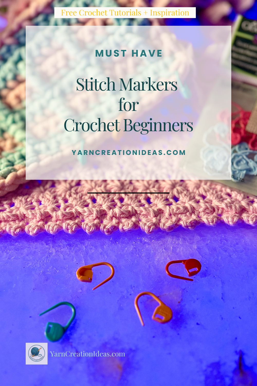Flat lay of colorful locking stitch markers (orange and green) on a crocheted background with pink and mint yarn swatches.