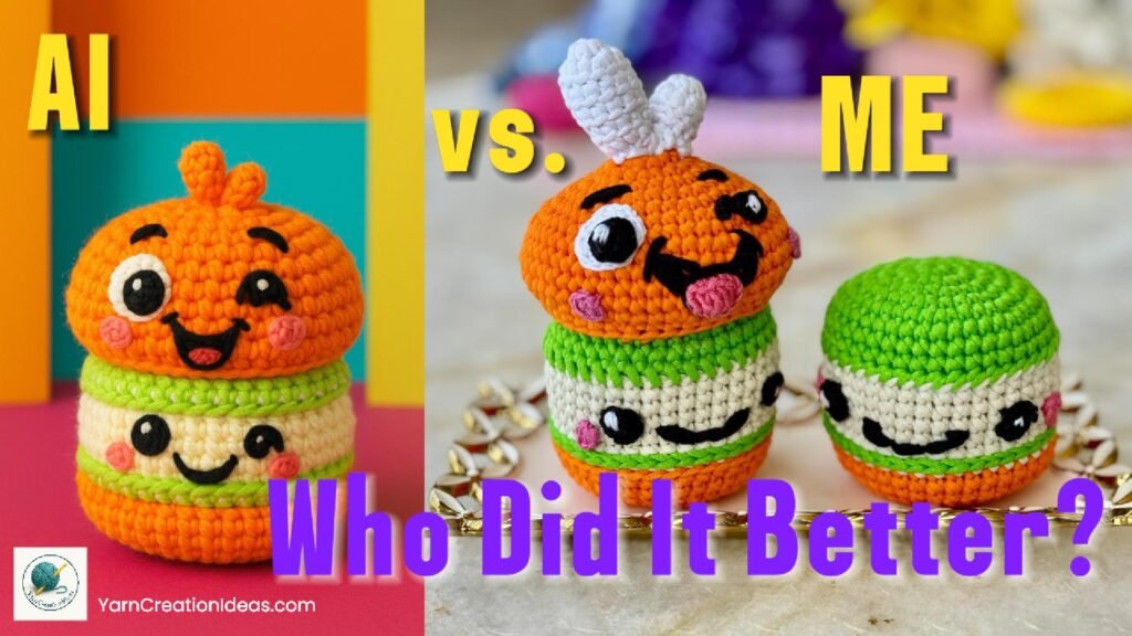 A bright and colorful crochet macaron plushie with orange, green, and beige layers, expressive embroidered faces, and a whipped topping. Features an AI-generated version beside a handmade crochet recreation.