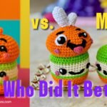 A bright and colorful crochet macaron plushie with orange, green, and beige layers, expressive embroidered faces, and a whipped topping. Features an AI-generated version beside a handmade crochet recreation.