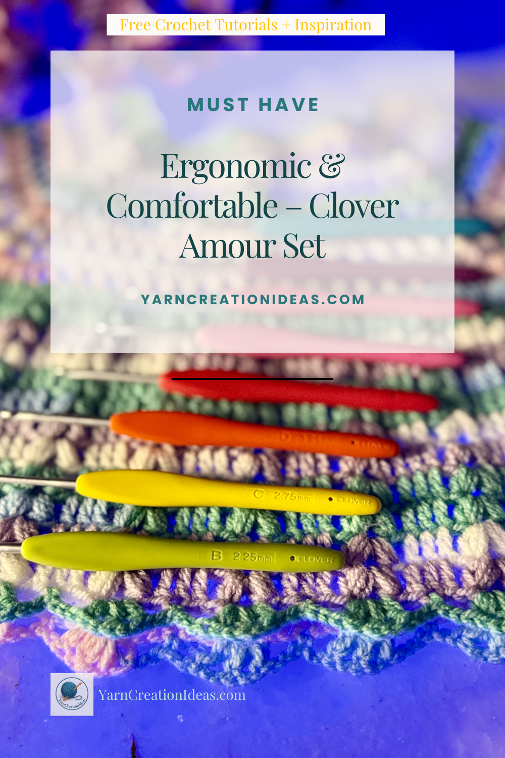 Set of colorful Clover Amour ergonomic crochet hooks arranged neatly on a neutral background.
