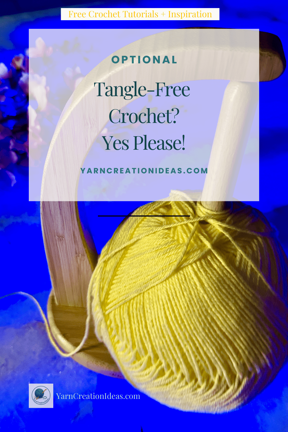 Wooden yarn holder spinner with a bright yellow yarn ball displayed on a blue surface, used for neat yarn dispensing while crocheting.