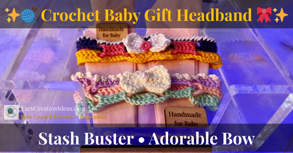 Two handmade crochet baby headbands displayed on pink paper in a clear gift box, featuring bows and bright pastel colors.