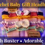 Two handmade crochet baby headbands displayed on pink paper in a clear gift box, featuring bows and bright pastel colors."