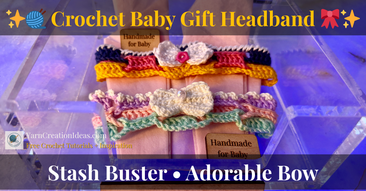 Two handmade crochet baby headbands displayed on pink paper in a clear gift box, featuring bows and bright pastel colors."