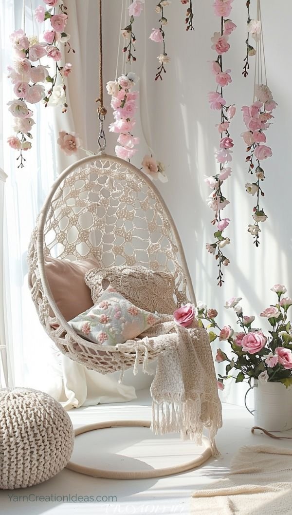 Thumbnail preview of a cozy crochet egg chair surrounded by soft pillows, a floral embroidered cushion, and pink hanging blossoms