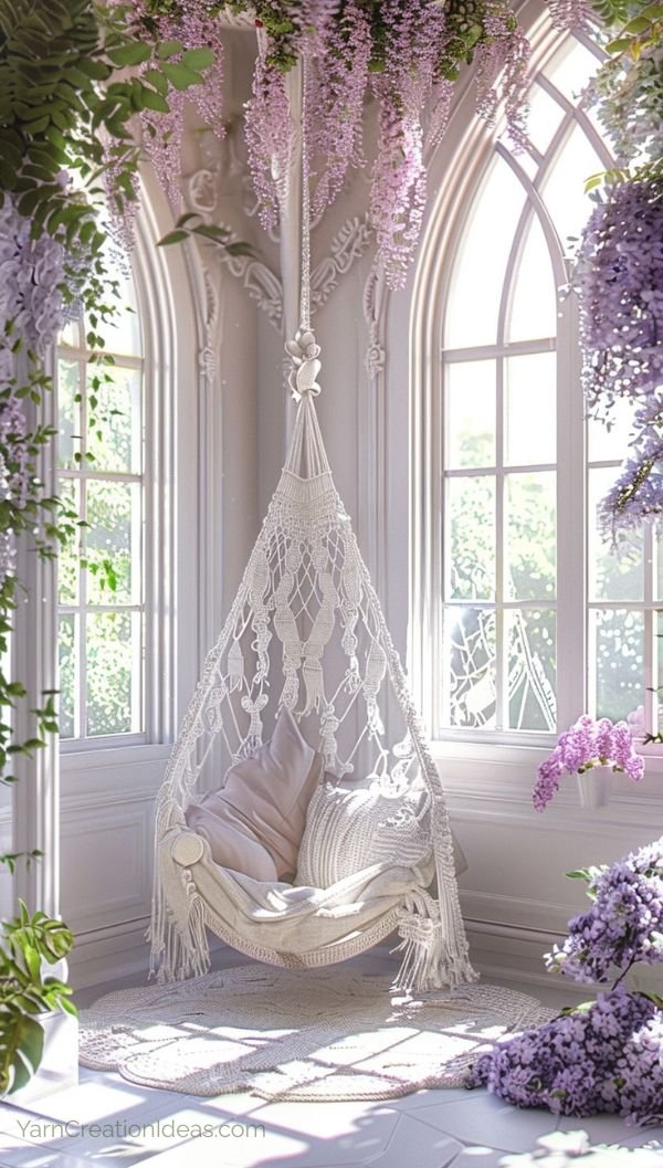 Thumbnail of a romantic crochet swing in arched window alcove surrounded by lavender flowers