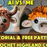 Side-by-side comparison of an AI-generated crochet Highland Cow and a handmade version with orange looped hair, featuring bold yellow text: "Tutorial & Free Pattern – Crochet Highland Cow Keychain (AI vs. Me)."