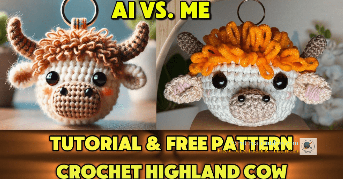 Side-by-side comparison of an AI-generated crochet Highland Cow and a handmade version with orange looped hair, featuring bold yellow text: "Tutorial & Free Pattern – Crochet Highland Cow Keychain (AI vs. Me)."