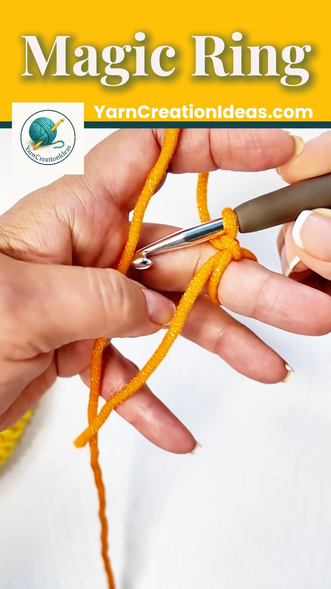 Pulling through the loop to complete the beginning of the magic ring.