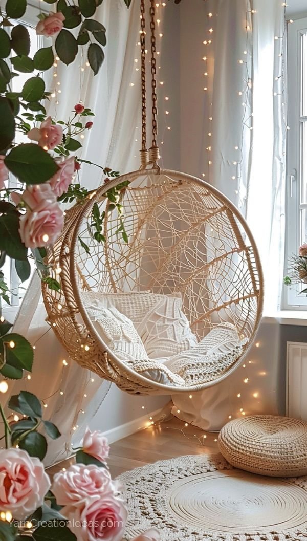 Macramé swing chair in soft daylight with rose vines and a round crochet rug