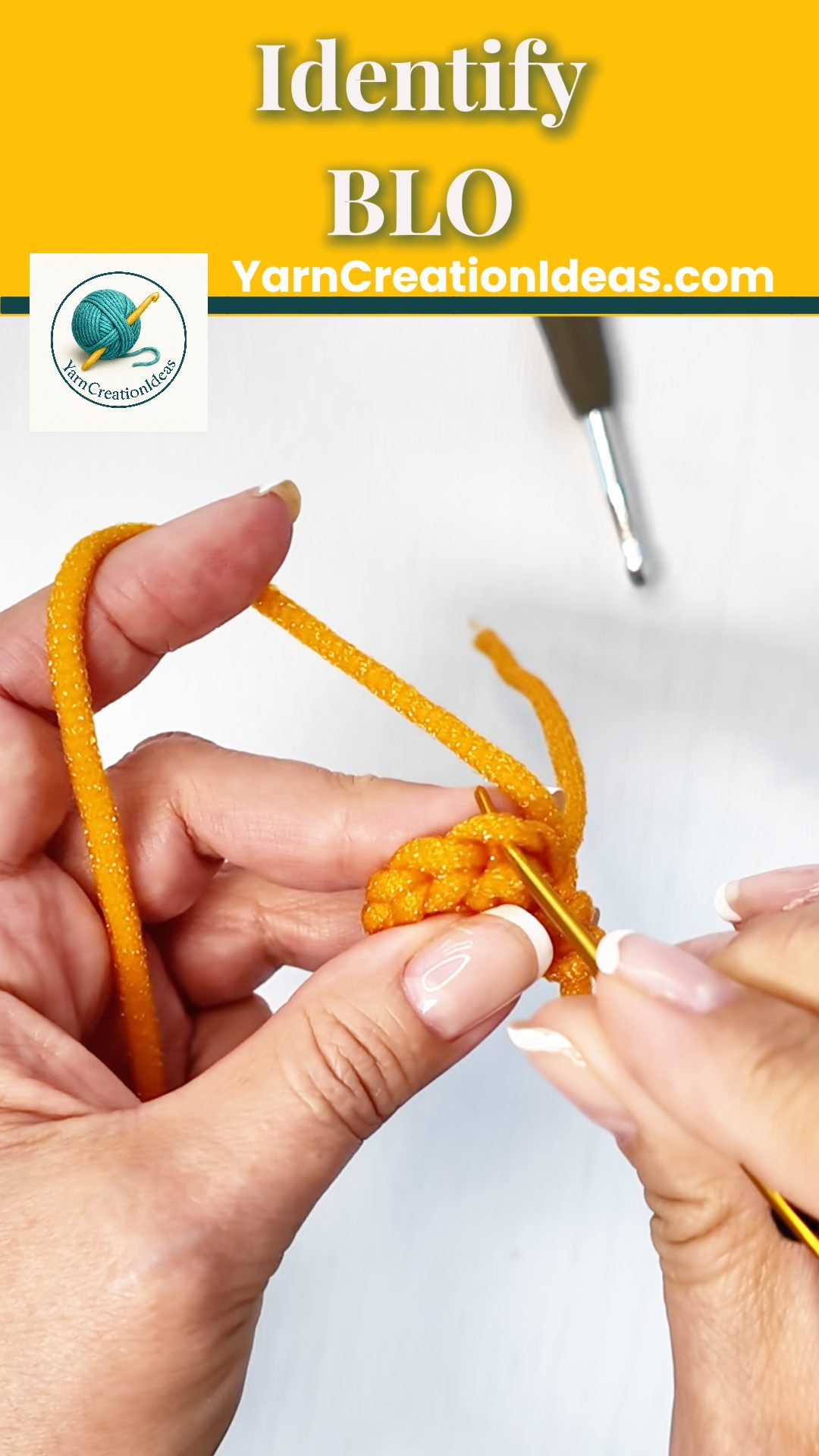 Alt Text: Identifying the back loop (BLO) of a crochet stitch to begin spiral slip stitching.
