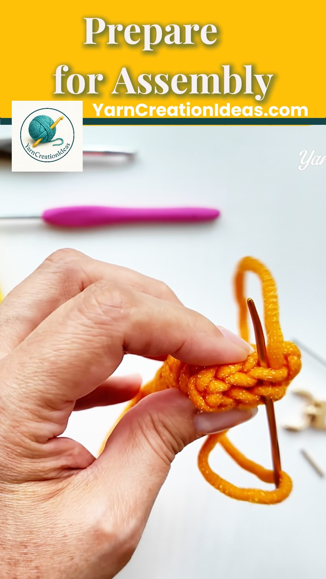 One end of the crochet spiral rope being sewn together with a needle.