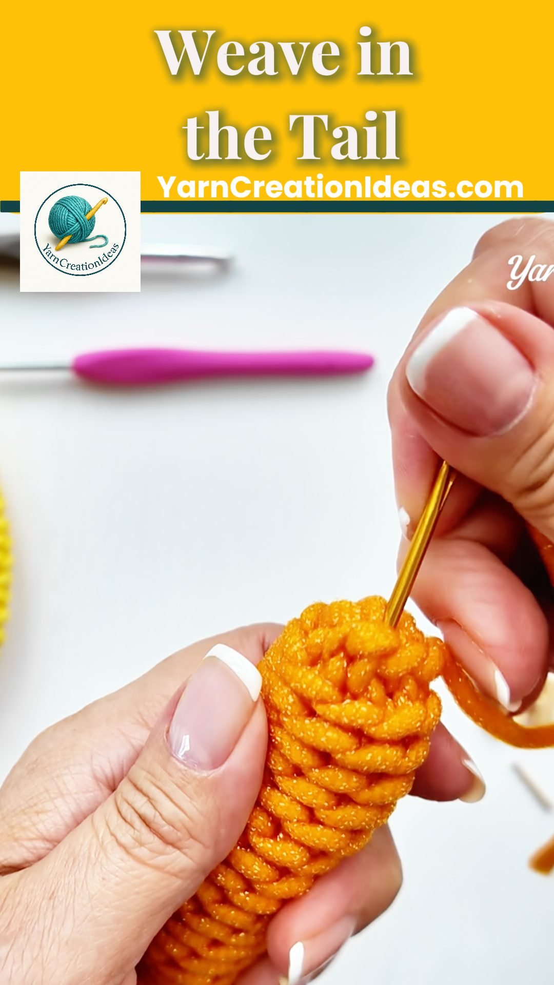 Weaving the yarn tail inside the finished spiral rope with a tapestry needle.