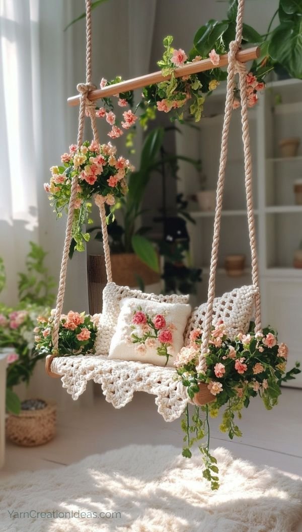 Thumbnail preview of a crochet swing decorated with pastel flowers and handmade pillows