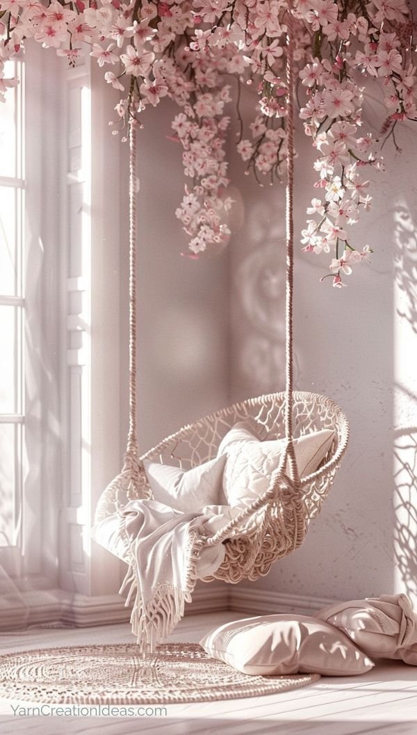 Thumbnail preview of a crochet-style hanging chair beneath cascading cherry blossoms in soft pink light