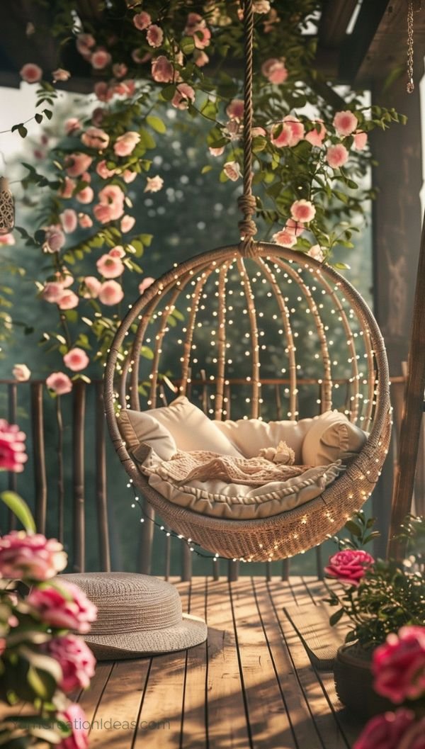 Crochet pod swing on a wooden patio surrounded by pink flowers and glowing fairy lights during golden hour