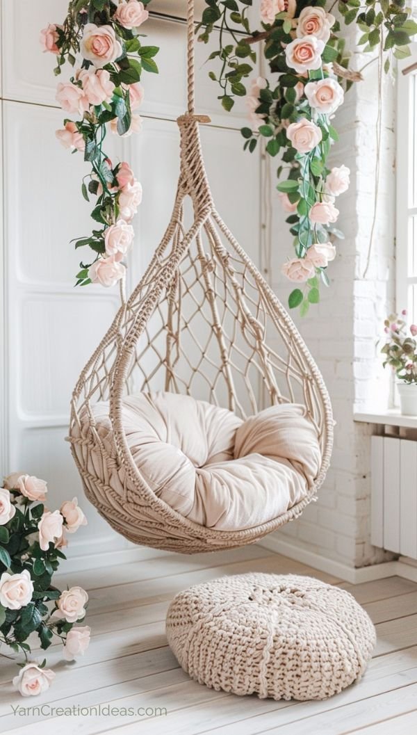 Thumbnail preview of a teardrop crochet swing chair with a plush cushion and floral decor