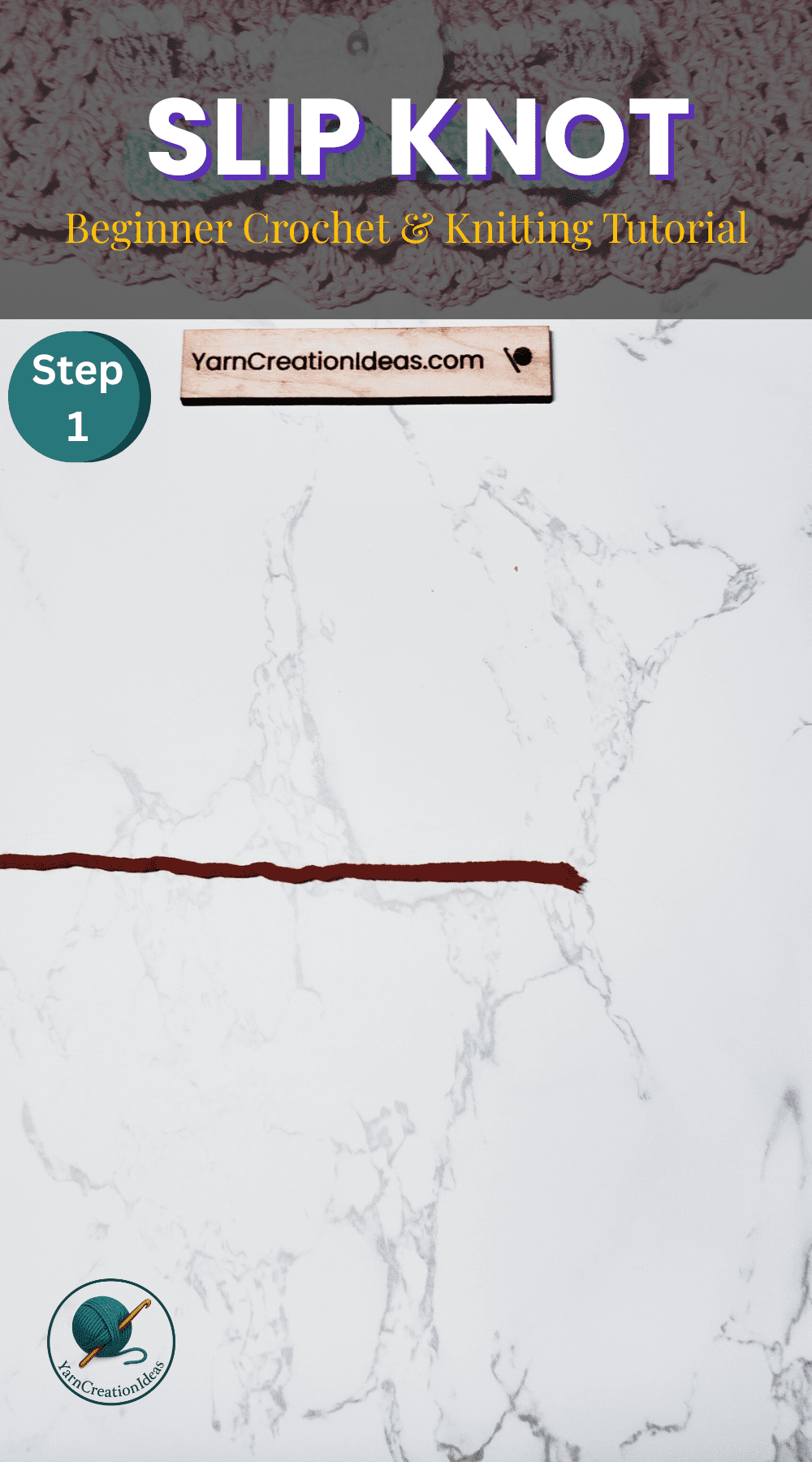 Step 1 slip knot crochet tutorial showing yarn laid flat with tail on the right and working yarn on the left from the viewer’s perspective