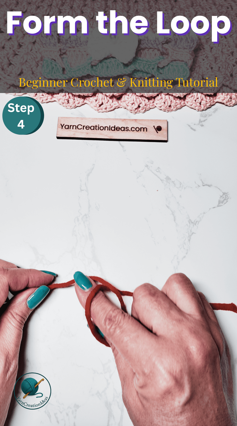 4 slip knot tutorial showing loop forming after yarn is pulled through Image Title: Step 4 – Form the Loop | Crochet Slip Knot Tutorial
