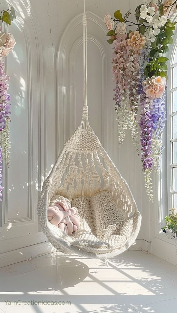 Thumbnail preview of a crochet swing pod chair with soft pink pillow and pastel flowers in natural light