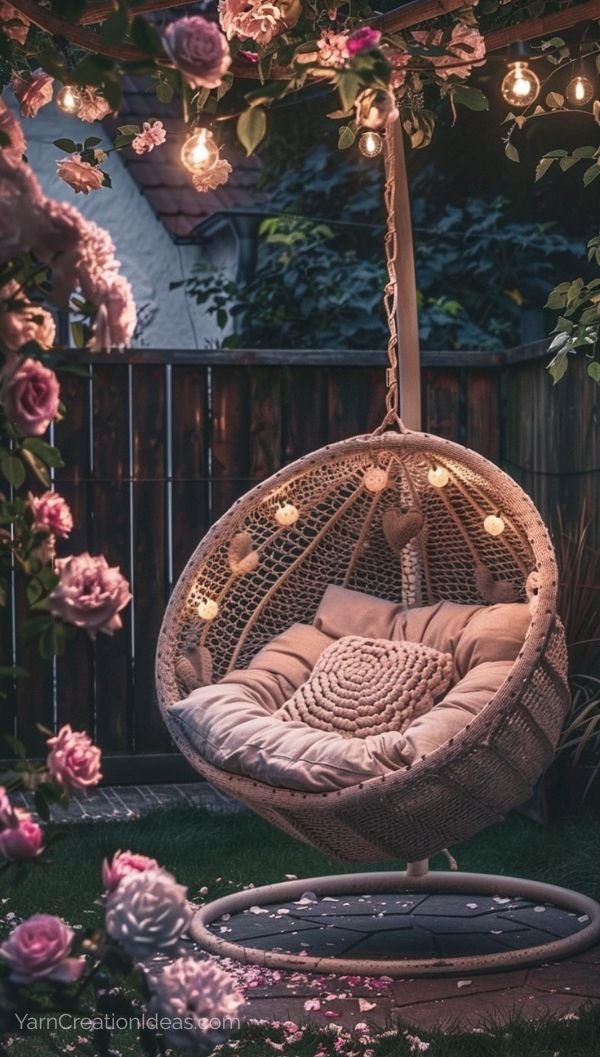 Cozy crochet swing at dusk with glowing string lights and pink roses in a backyard garden