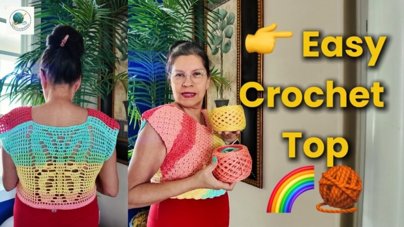 Woman wearing a handmade easy crochet top in rainbow gradient yarn, shown from front and back. Beginner-friendly crochet blouse tutorial with free pattern and charts.
