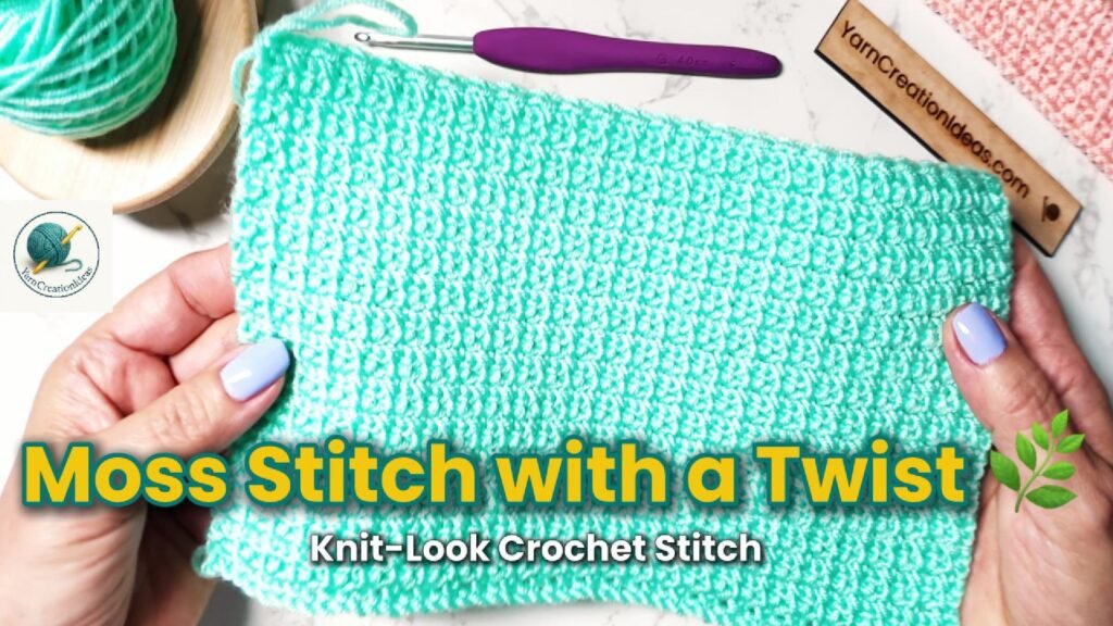 Hands holding a turquoise crochet swatch made with the Moss Stitch with a Twist (Centered Single Crochet), beginner-friendly knit-look crochet stitch tutorial.