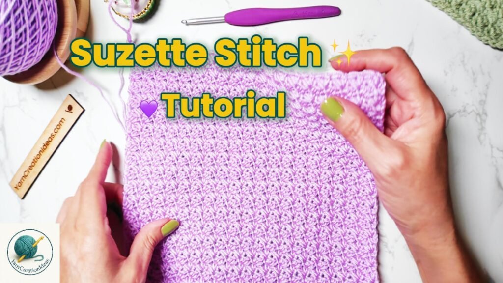 Suzette Crochet Stitch tutorial swatch in purple yarn – beginner-friendly crochet stitch for blankets, scarves, dishcloths, and baby blankets.
