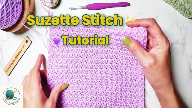 Suzette Crochet Stitch tutorial swatch in purple yarn – beginner-friendly crochet stitch for blankets, scarves, dishcloths, and baby blankets.