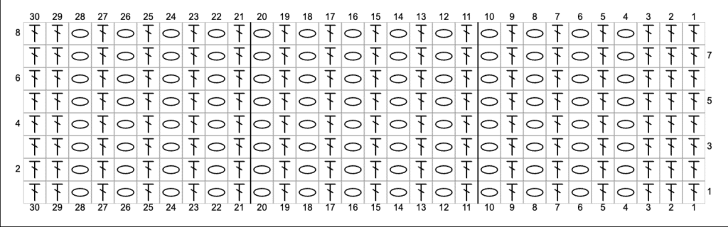 Crochet chart showing mesh stitch grid for the left side of the back panel. Symbols represent double crochets and chain spaces.