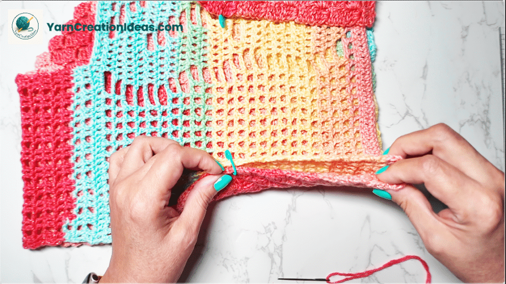 Hands joining the side seams of a colorful crochet lace top using a tapestry needle.