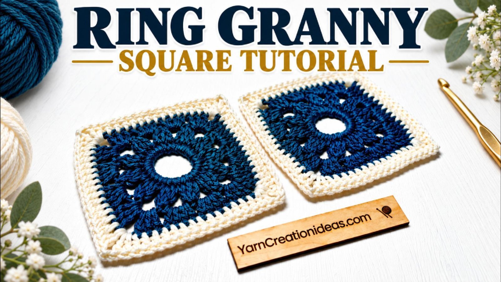 Two navy blue and cream crochet ring granny squares with open circular centers.