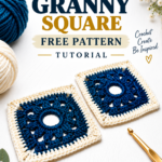 Pinterest graphic featuring two navy blue and cream Ring Granny Squares with open circular centers and the words Free Pattern Tutorial.